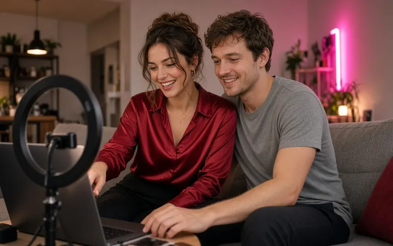 Žena a muž připravují livestream s notebookem a kruhovým světlem na pohovce – jasná pravidla pro pár
